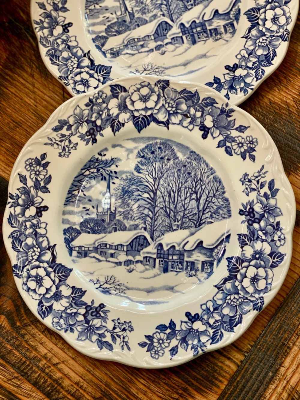 J&G Meakin England Blue and White Winter Cottage Transferware Plates